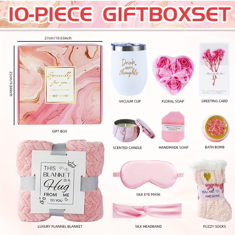 Set de regalo de baño con velas perfumadas de rosa, flores secas, bolas de sal de baño, tazas de agua, máscaras para los ojos, tarjetas de regalo, mantas, jabones, calcetines, cintas para el cabello