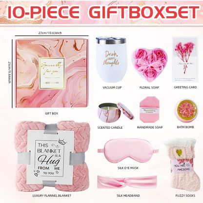 Set de regalo de baño con velas perfumadas de rosa, flores secas, bolas de sal de baño, tazas de agua, máscaras para los ojos, tarjetas de regalo, mantas, jabones, calcetines, cintas para el cabello