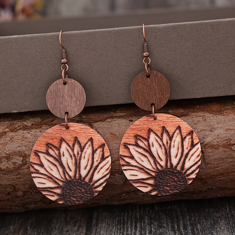 Pendientes colgantes de girasol de inspiración vintage - de madera