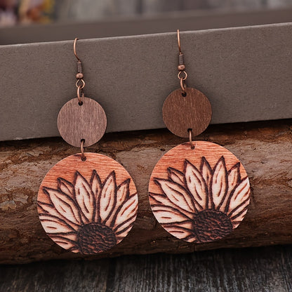 Pendientes colgantes de girasol de inspiración vintage - de madera