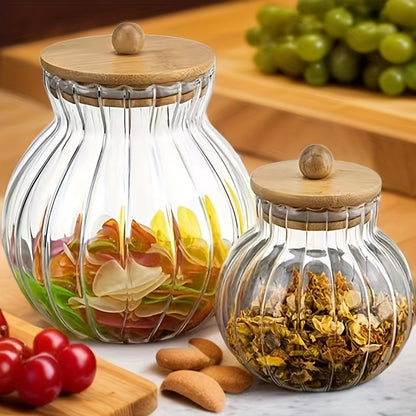 Tarros de almacenamiento de vidrio a rayas de 2 piezas con tapas de bambú - Sello hermético
