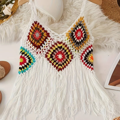 Colorido top cami con flecos de ganchillo boho - cuello en V, sin mangas, versátil y detalle de borla acrílica hecha a mano