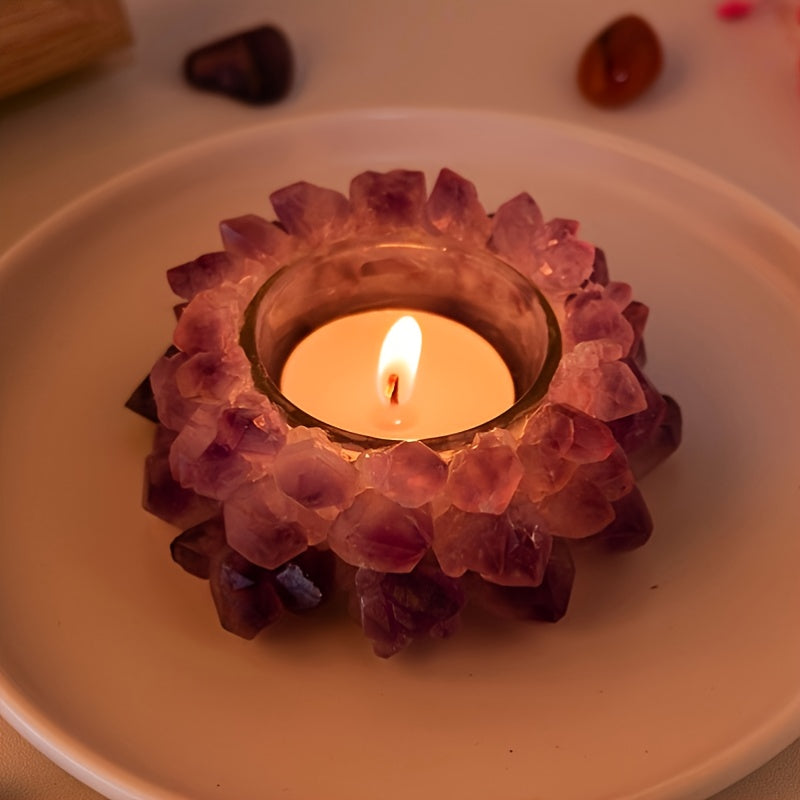 Portavelas de flores de amatista ecológico de piedra en bruto