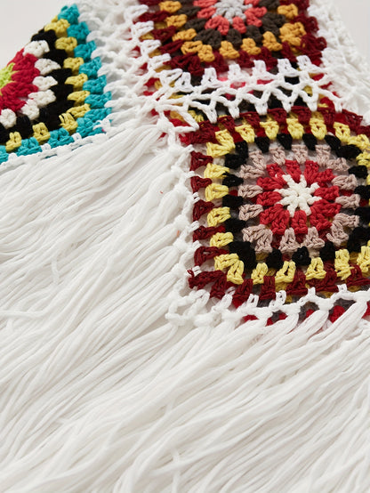 Colorido top cami con flecos de ganchillo boho - cuello en V, sin mangas, versátil y detalle de borla acrílica hecha a mano