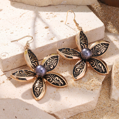 Pendientes colgantes de flores de esmalte negro Boho-Chic - Aleación de zinc