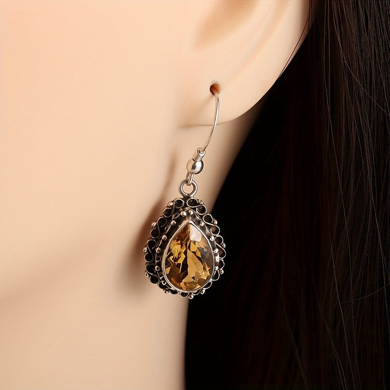 Pendientes colgantes de zirconia amarilla vintage en forma de pera