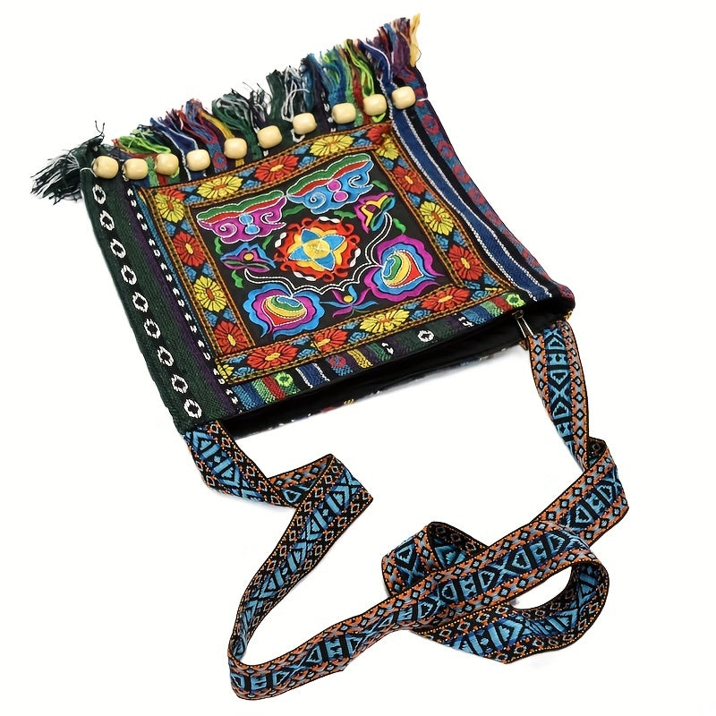 Bolso bandolera bordado Boho-Chic con borlas, cremallera segura y tela duradera