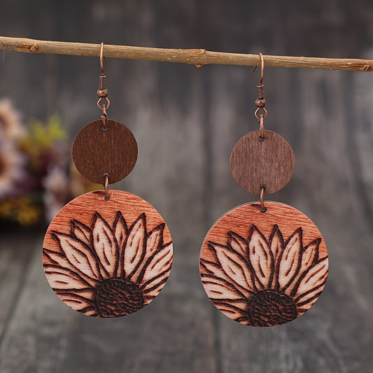 Pendientes colgantes de girasol de inspiración vintage - de madera