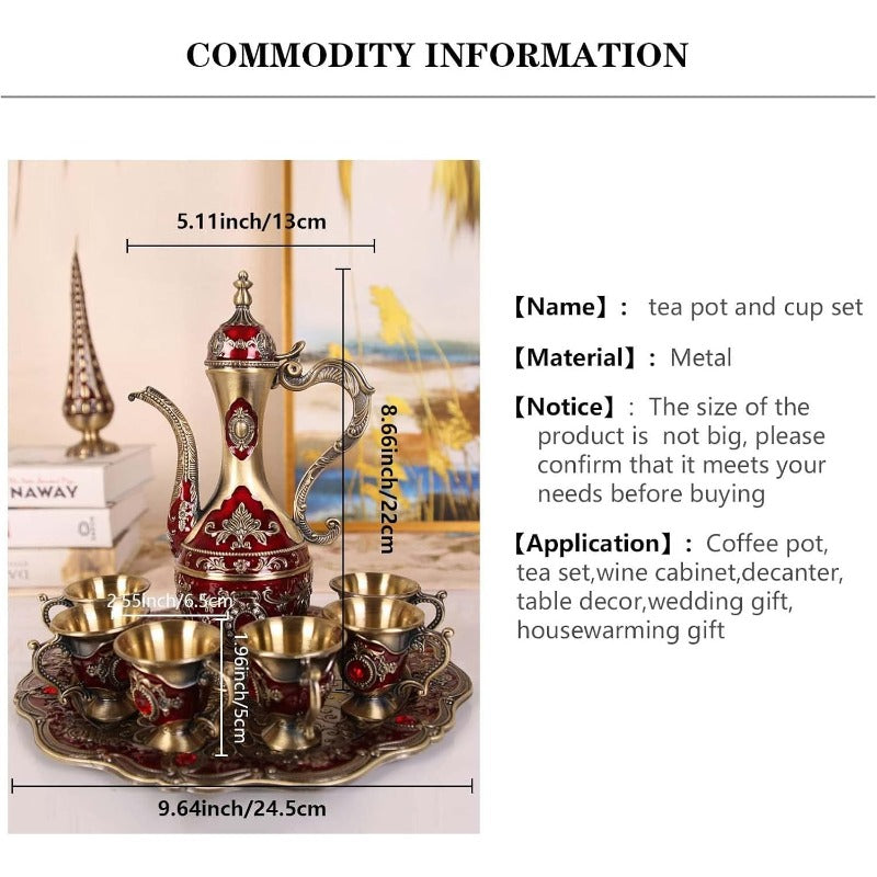 Juego de cafetera y taza turca con 6 tazas y bandeja para servir, metal decorado con diamantes de imitación - Servidor de bebidas multifuncional de estilo antiguo rojo y dorado