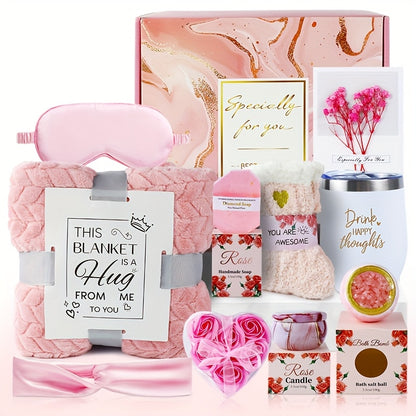Set de regalo de baño con velas perfumadas de rosa, flores secas, bolas de sal de baño, tazas de agua, máscaras para los ojos, tarjetas de regalo, mantas, jabones, calcetines, cintas para el cabello