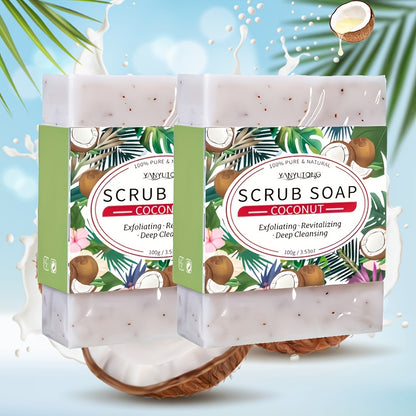 Jabón exfoliante de coco, enriquecidos con coco, manteca de karité y manteca de leche de cabra, limpian en profundidad y nutren la cara y el cuerpo, hidratan y suavizan la piel, no irritante.