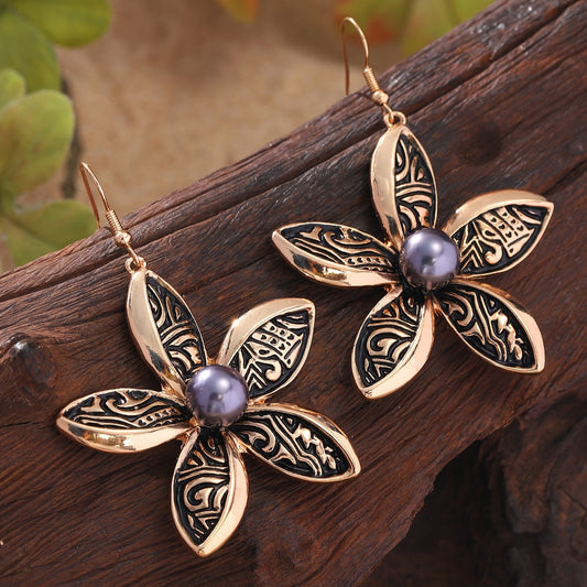 Pendientes colgantes de flores de esmalte negro Boho-Chic - Aleación de zinc