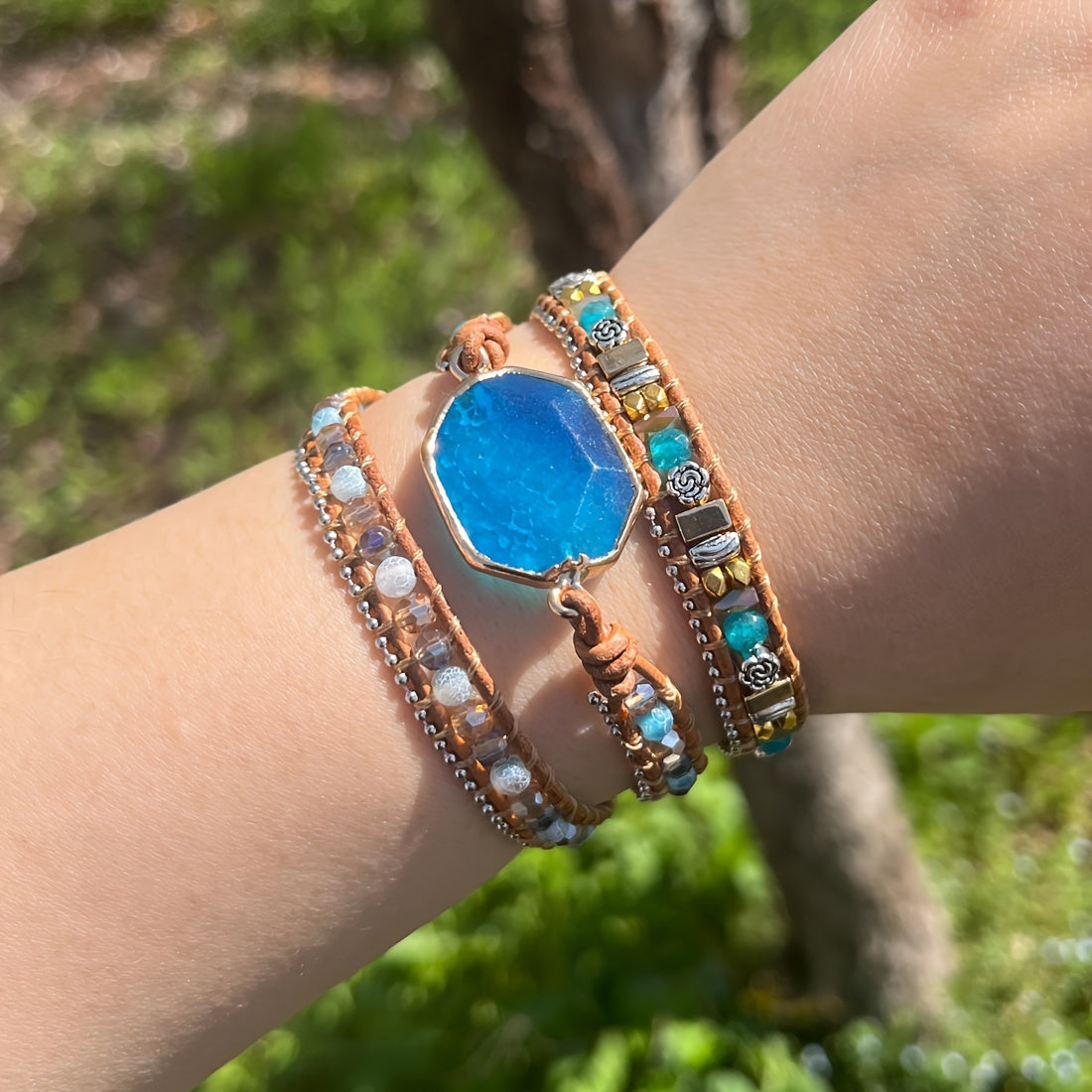 Pulsera de cuentas de 3 estilos Boho cuentas de ágata natural ajustable hecha a mano y cuerda de cuero