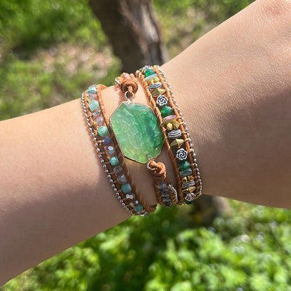 Pulsera de cuentas de 3 estilos Boho cuentas de ágata natural ajustable hecha a mano y cuerda de cuero