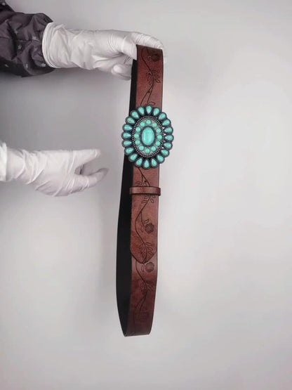 Cinturón turquesa boho- Hebilla ovalada, cintura de cuero en relieve marrón vintage