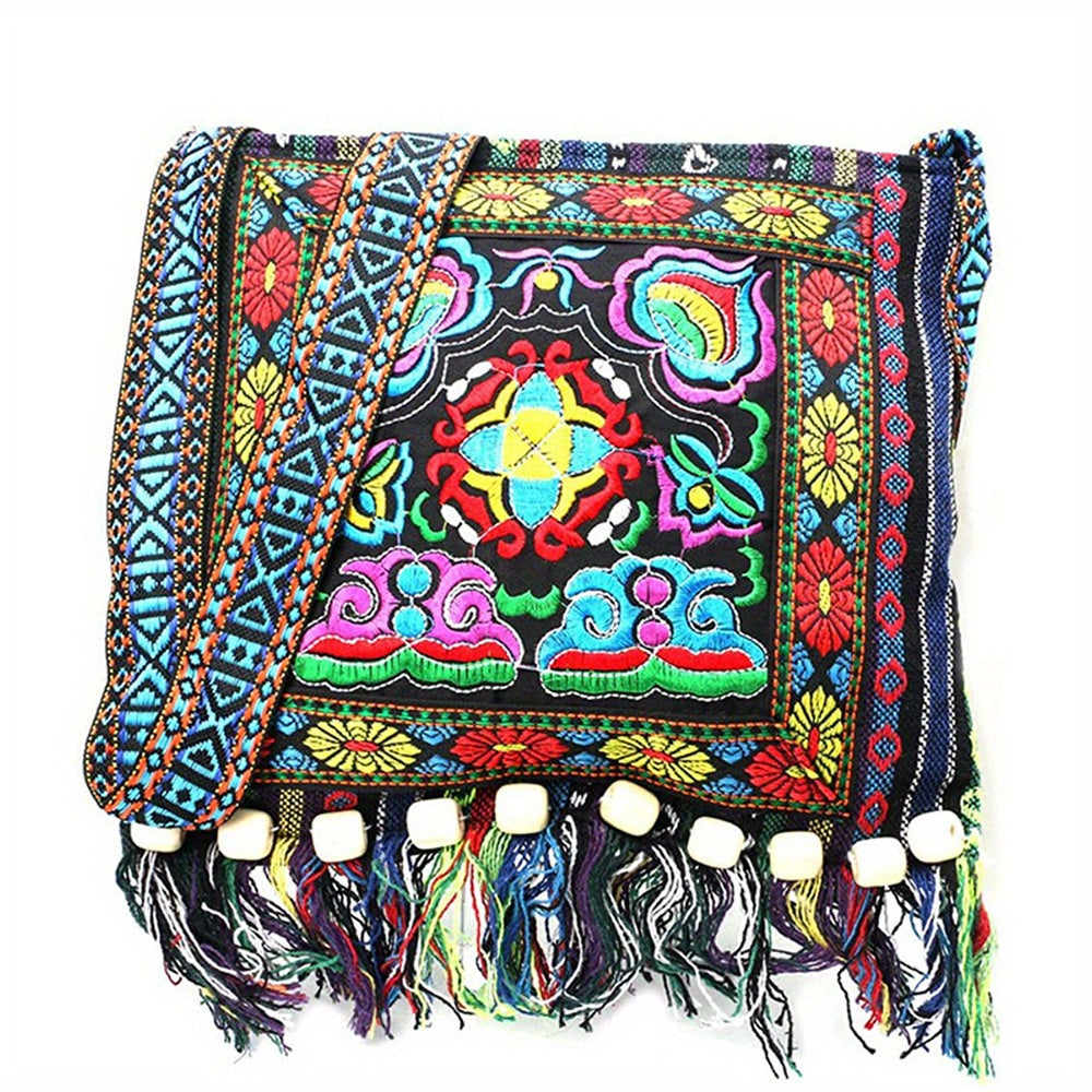 Bolso bandolera bordado Boho-Chic con borlas, cremallera segura y tela duradera