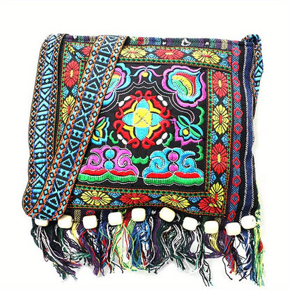 Bolso bandolera bordado Boho-Chic con borlas, cremallera segura y tela duradera