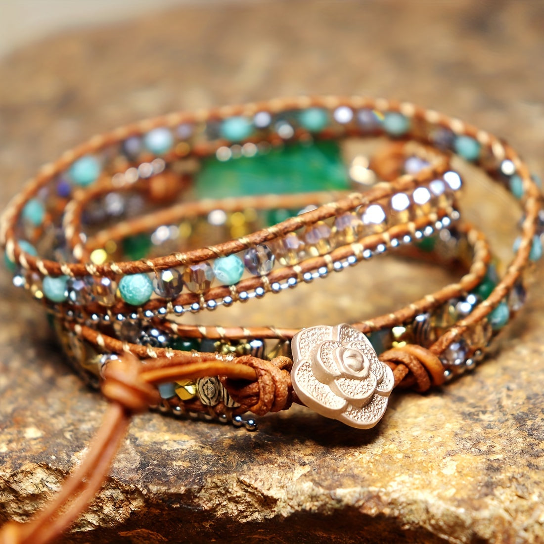 Pulsera de cuentas de 3 estilos Boho cuentas de ágata natural ajustable hecha a mano y cuerda de cuero