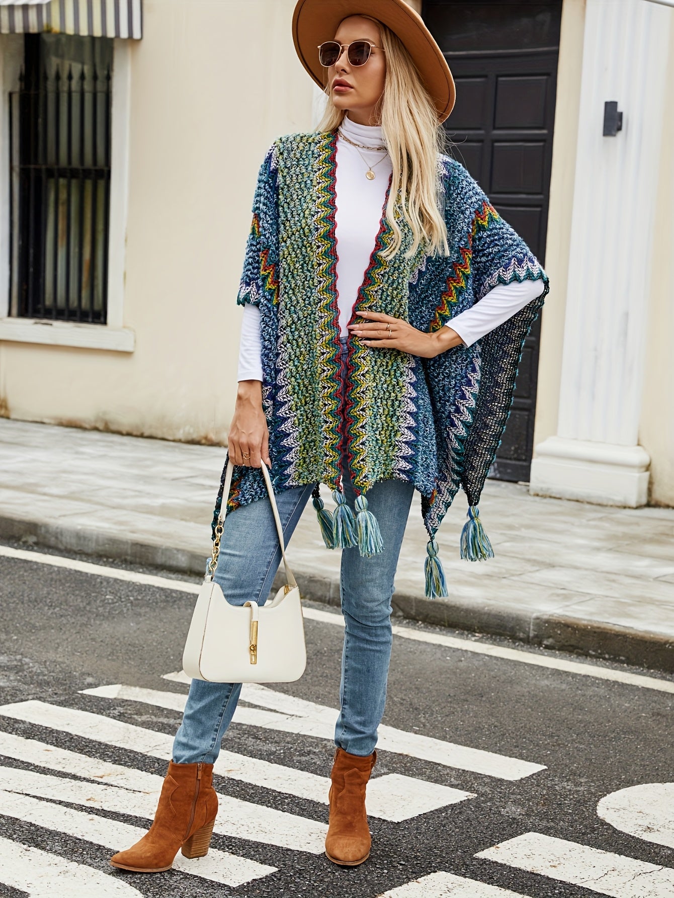 cárdigan de poncho étnico suave, bohemio