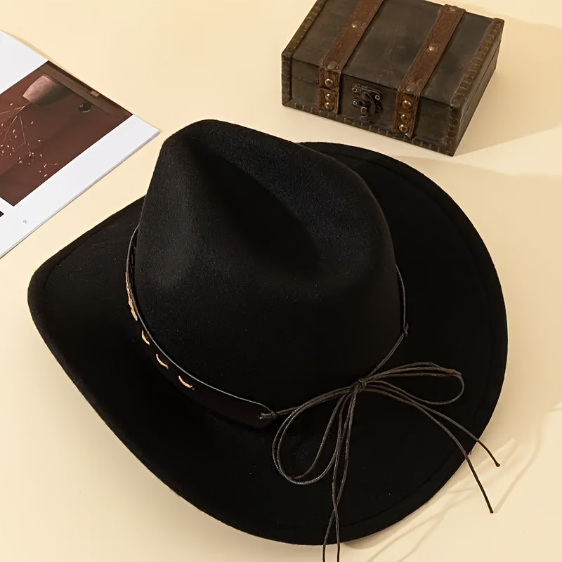 Elegante sombrero de vaquero Boho poliéster con ala ancha, correa de barbilla ajustable, diseño unisex