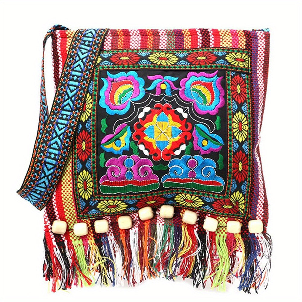 Bolso bandolera bordado Boho-Chic con borlas, cremallera segura y tela duradera
