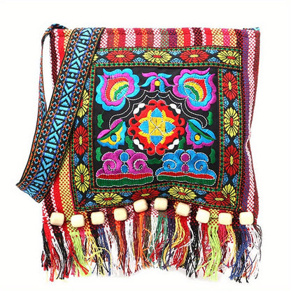 Bolso bandolera bordado Boho-Chic con borlas, cremallera segura y tela duradera