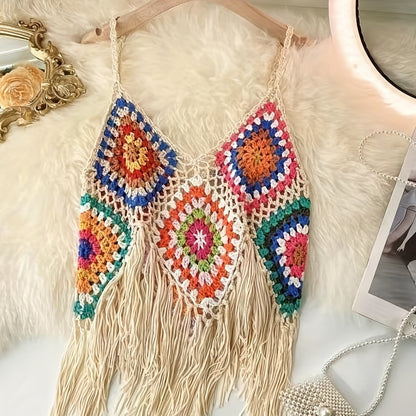 Colorido top cami con flecos de ganchillo boho - cuello en V, sin mangas, versátil y detalle de borla acrílica hecha a mano