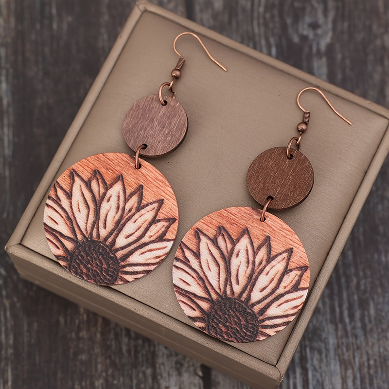 Pendientes colgantes de girasol de inspiración vintage - de madera