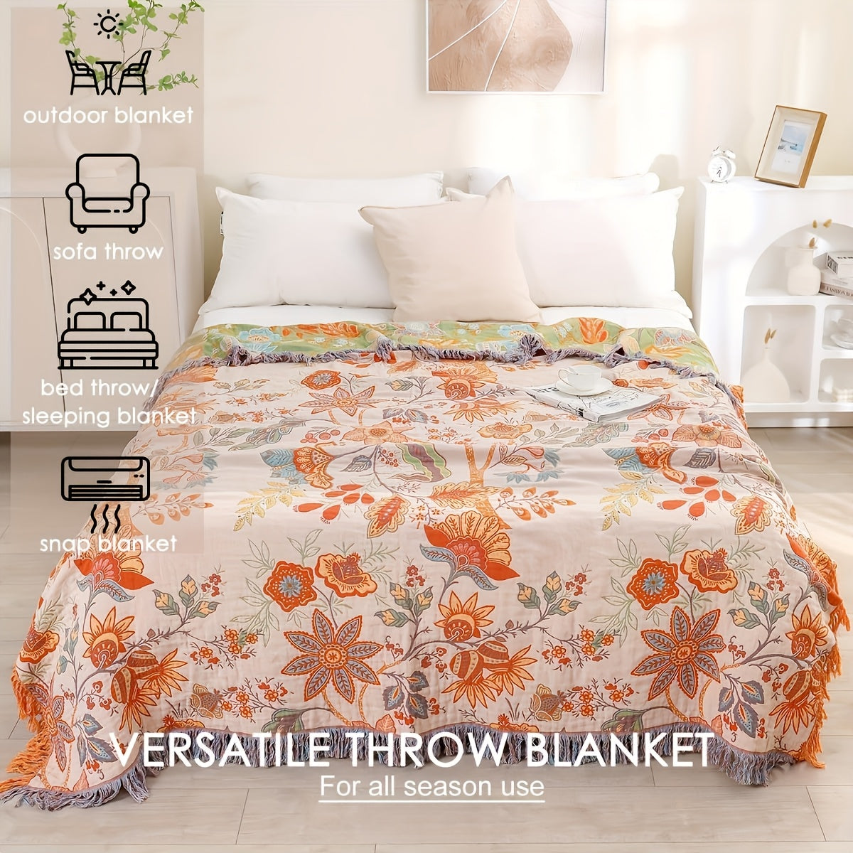 Manta floral boho con borlas - Reversible, suave y acogedora para sofá, cama y sillón