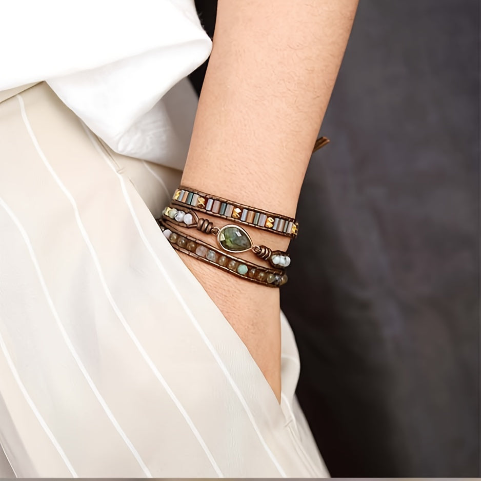 3 pulseras envolventes de cristal de jaspe natural, piedra de labradorita, cuentas de variedad, pulsera de hebra