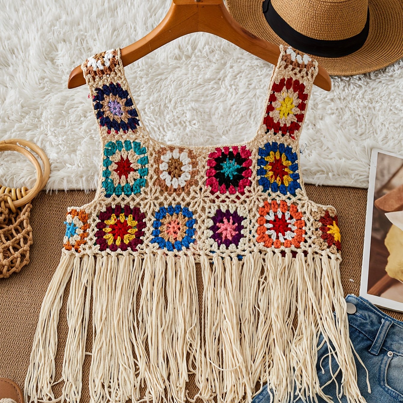 Top de bikini con flecos de ganchillo Boho Chic