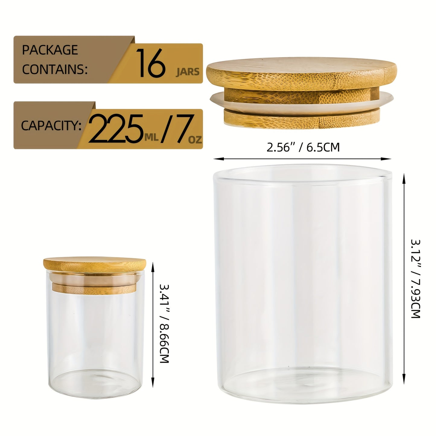 16 frascos grandes de vidrio con tapas de bambú - Contenedores herméticos aptos para lavavajillas