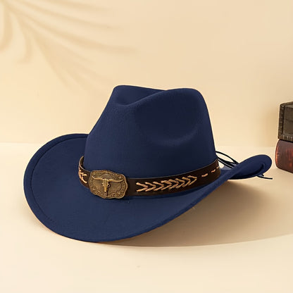 Elegante sombrero de vaquero Boho poliéster con ala ancha, correa de barbilla ajustable, diseño unisex