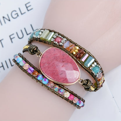 Pulsera envolvente de piedra de rodocrosita genuina - hecha a mano con correas de cuero ajustable