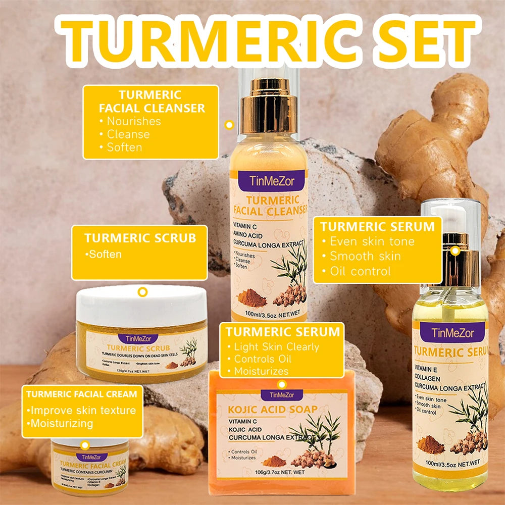 5 paquetes de conjunto de cuidado facial de cúrcuma, suero de cúrcuma, jabón de cúrcuma, crema facial de cúrcuma, limpiador facial de cúrcuma, exfoliante corporal de cúrcuma