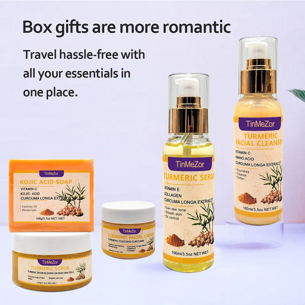 5 paquetes de conjunto de cuidado facial de cúrcuma, suero de cúrcuma, jabón de cúrcuma, crema facial de cúrcuma, limpiador facial de cúrcuma, exfoliante corporal de cúrcuma