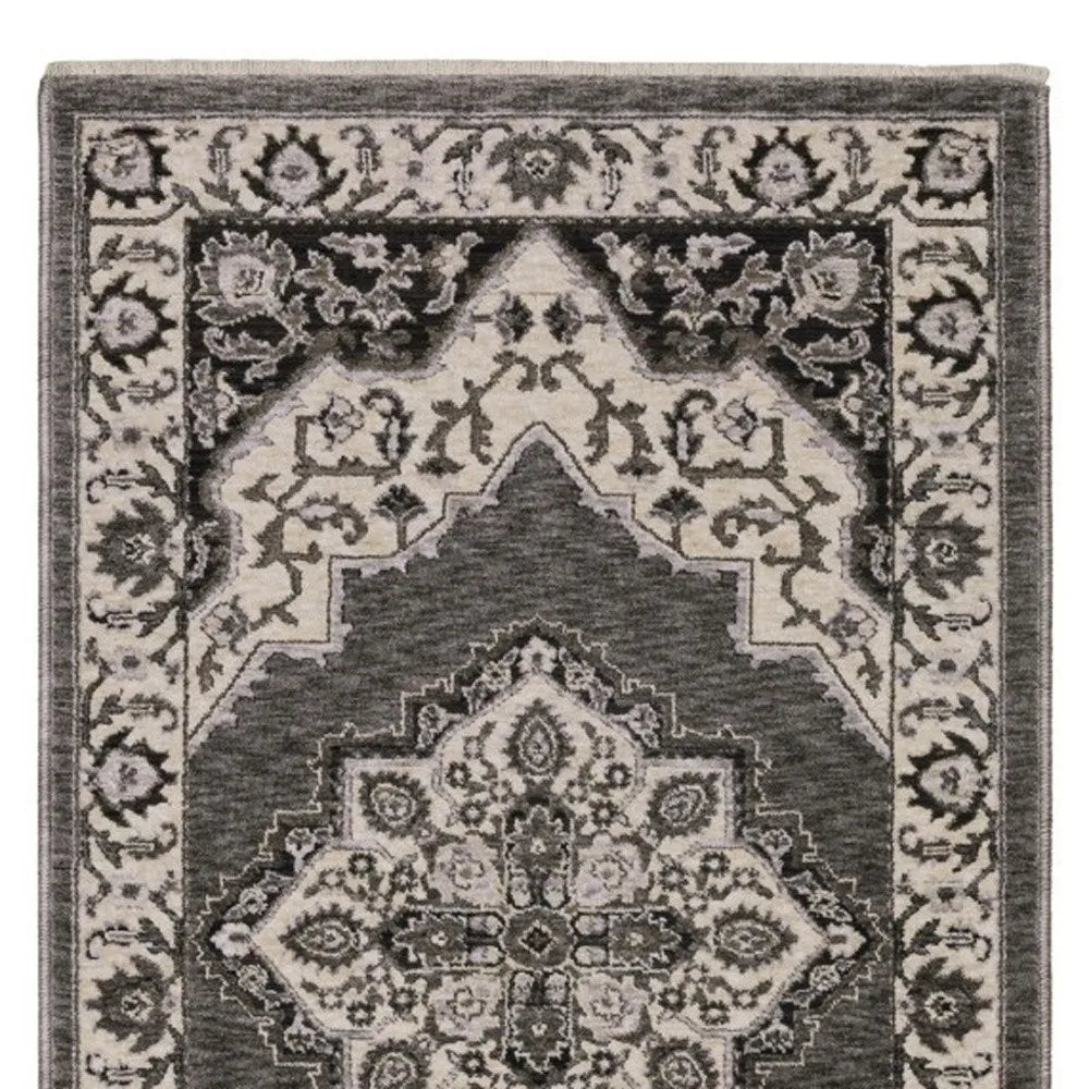 Beige and gray medallion runner rug in soft wool and cotton 