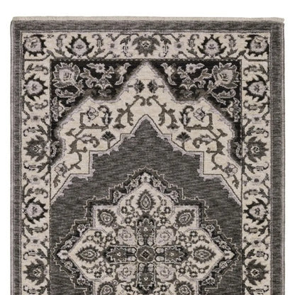 Beige and gray medallion runner rug in soft wool and cotton 