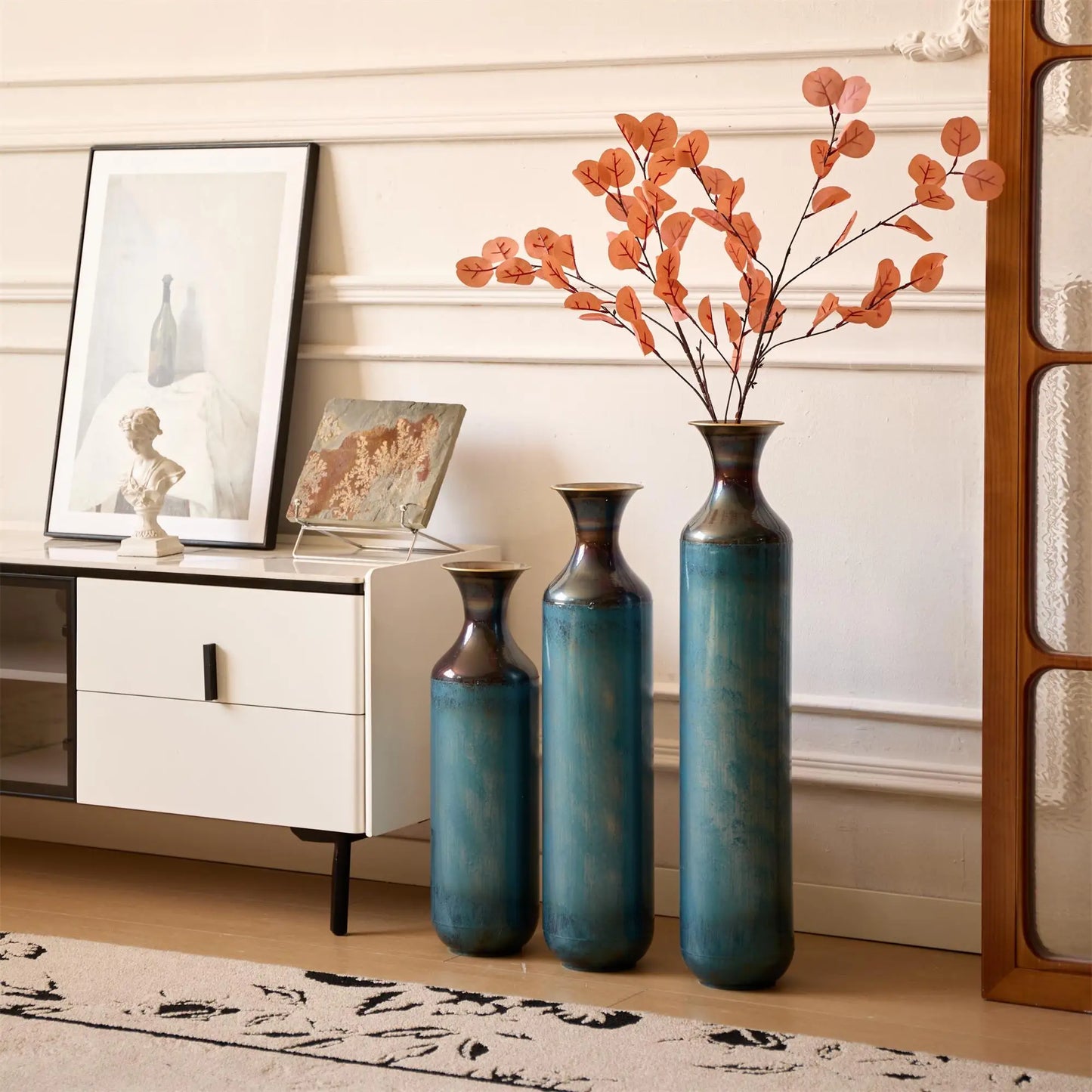 Juego de 3 Jarrones de metal azul de piso