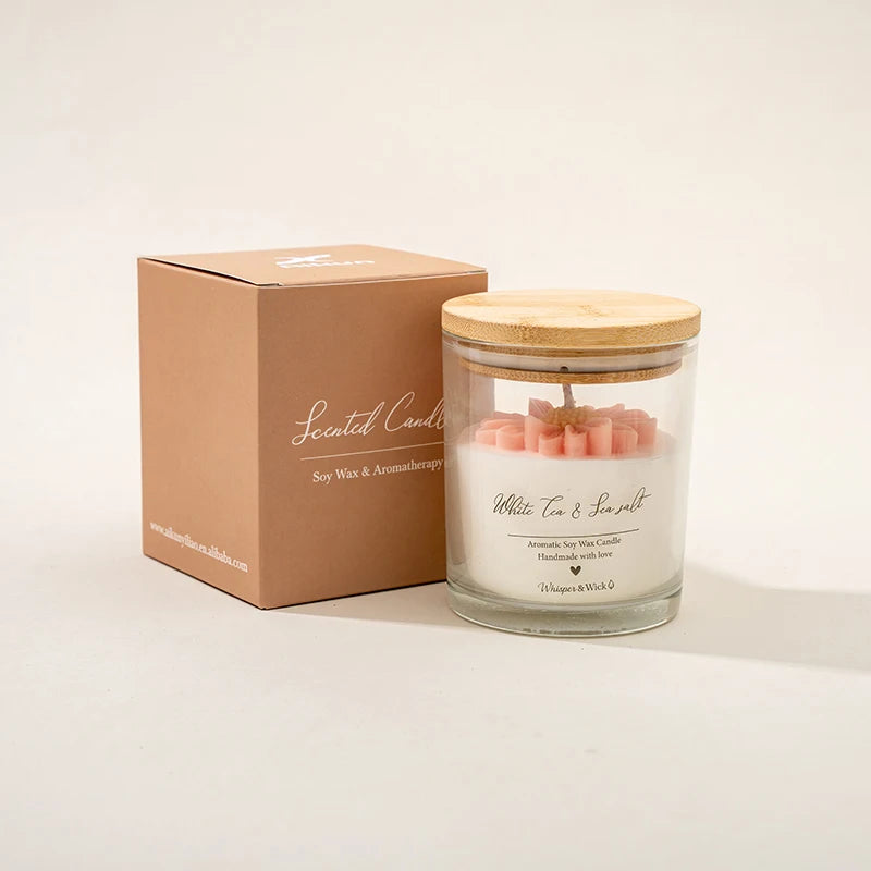 Velas de flores de cera de soja ecológica en taza de vidrio