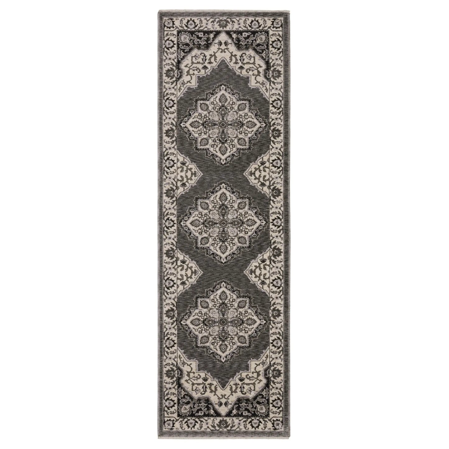 Beige and gray medallion runner rug in soft wool and cotton 
