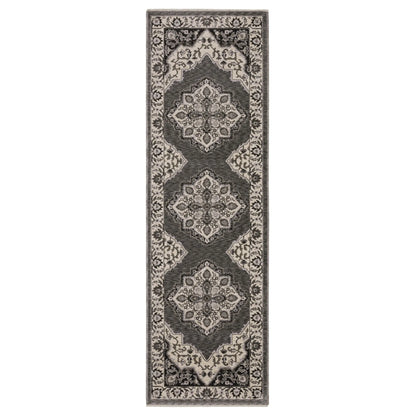 Beige and gray medallion runner rug in soft wool and cotton 