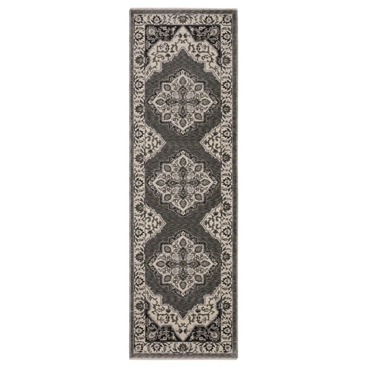Beige and gray medallion runner rug in soft wool and cotton 