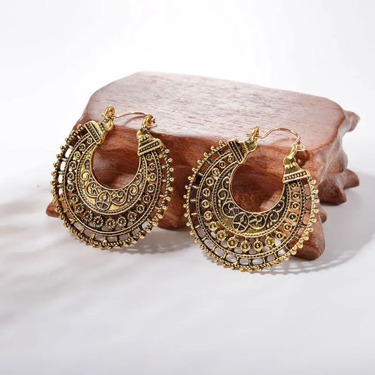 Ethnic Design Semicircle Earrings, antique silver plated 