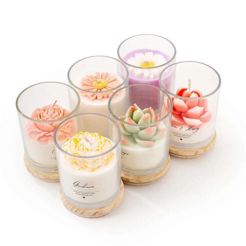 Velas de flores de cera de soja ecológica en taza de vidrio