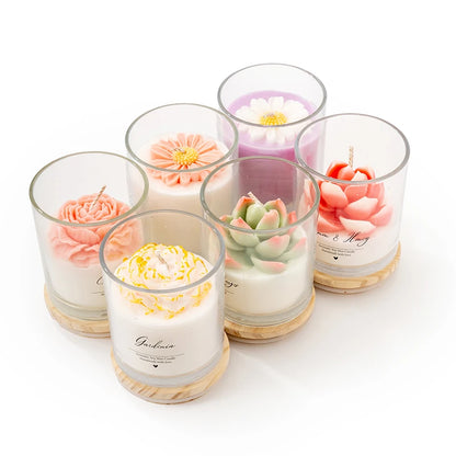 Velas de flores de cera de soja ecológica en taza de vidrio