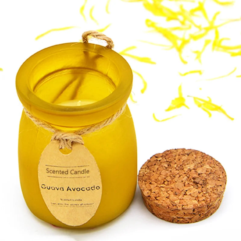 tarro de vidrio, velas perfumadas con aroma con tapa de corcho