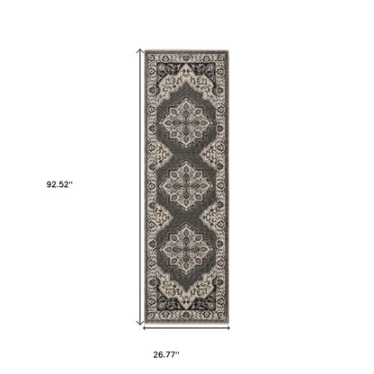 Beige and gray medallion runner rug in soft wool and cotton 
