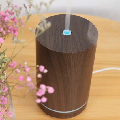 Mini difusor portátil de aceite de aromaterapia ultrasónico de grano de madera 7 humidificador de luz LED