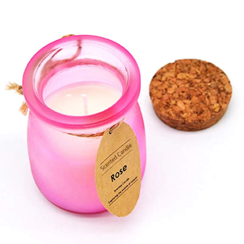 tarro de vidrio, velas perfumadas con aroma con tapa de corcho